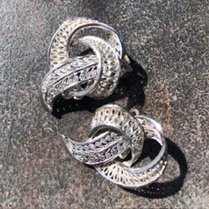 Vintage 1950s Silver Tone Filigree Clip Earrings Knot Style Elegant
